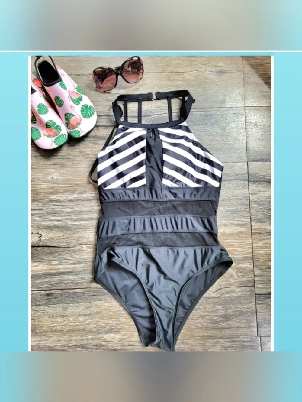 Black & White Mesh One Piece Swimsuit Size Women's L